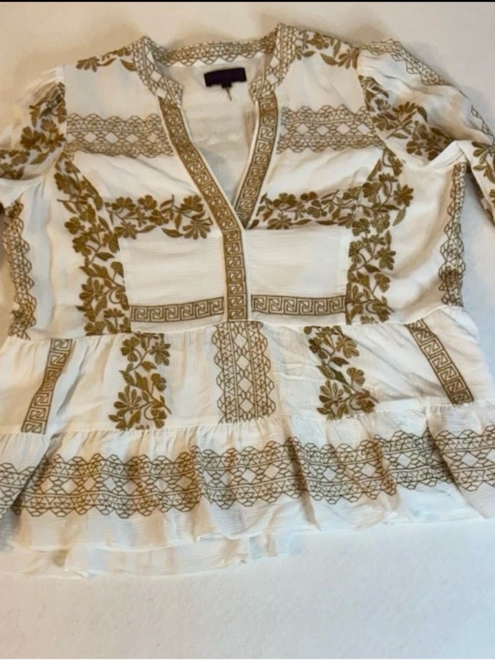 Hale Bob Cream Top with Gold Floral Embroidery Bell sleeves XL NWT